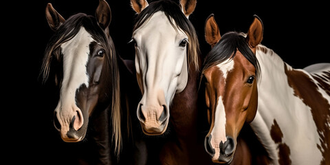 Portrait of 3 horses of different colors - AI Generative
