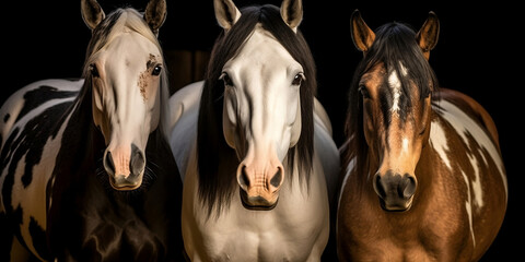 Portrait of 3 horses of different colors - AI Generative