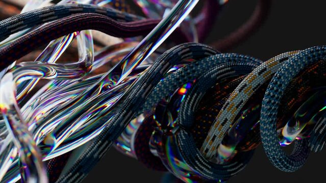Live wires and ropes randomly move, twist and unwind. Black isolated background. Rainbow color. 3d animation.