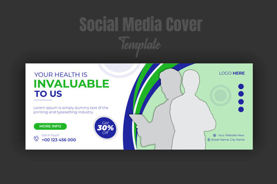 Medical timeline cover photo design template with green and navy color shape, cover banner template, healthcare social media post design with white background