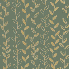 Hand drawn golden line art seamless pattern botanical vertical hanging tree branches, plants with different leaves as floral background.On green backdrop.
