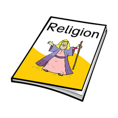 Illustration of a colored book with a cartoon character of a witch
