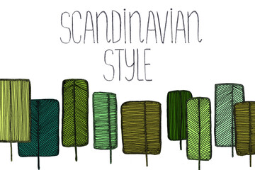 Hand drawn line art doodle scandinavian mock up with copy space on white background.Stylized different shaped wood trees in green tones simple minimalistic summer border banner.