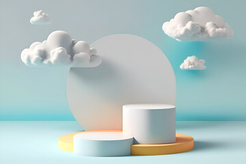Abstract minimal concept. Pastel blue background with podium, clouds and abstract landscape. Mock up template for product presentation. copy text space