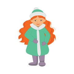 Cute red-haired girl in winter clothes. Vector illustration.