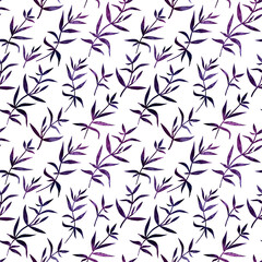 Hand drawn painted watercolor seamless endless botanical pattern with plants with violet purple leaves on white background.Web design element made of aquarelle illustration.