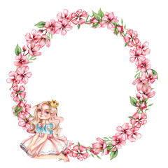 Spring flowers wreath. Watercolor illustration for scrapbooking, cards, backgrounds. Cartoon hand drawn background with summer flower for kids design. Perfect for wedding invitation.