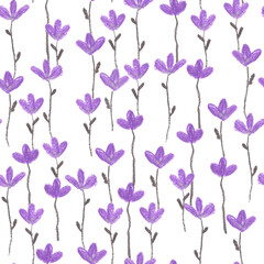 Fototapeta na wymiar Hand drawn chalk pastel seamless pattern with little violet flowers and grey leaves as summer floral simple background.