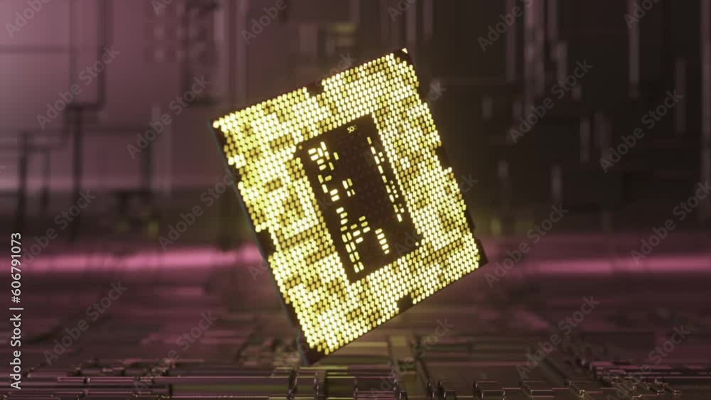 Poster the microchip rotates above the floor. pink neon light. abstract background. computer. artificial in
