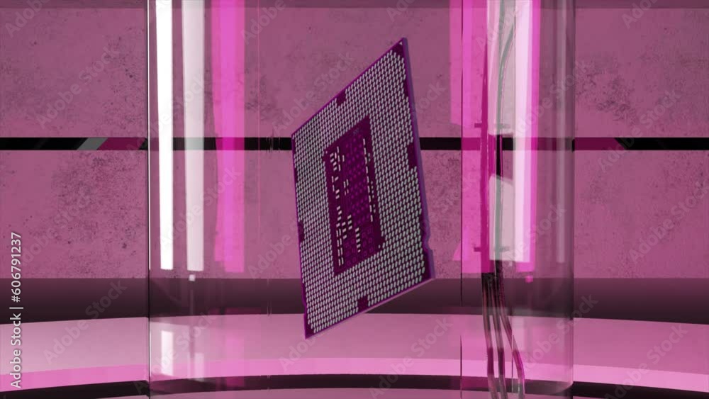Aufkleber the microchip rotates above the floor. pink neon light. abstract background. computer. artificial in