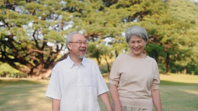 Asian senior couple holding hands talk laugh and walk together in nature park on holiday