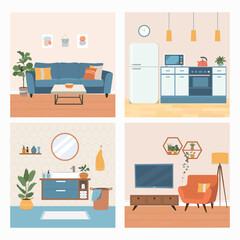 Set of  interior design house rooms with furniture icons: living room, bathroom, kitchen. Flat style cartoon vector illustration.