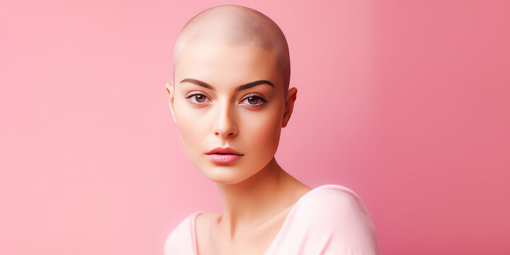 A beautiful young woman with a shaved bald head. Isolated on a pink flat background with copy space. Beautiful girl face portrait. Generative AI professional photo imitation.