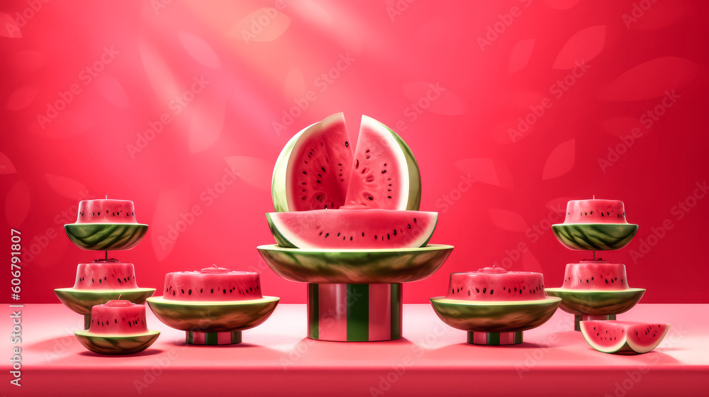 Aufkleber a red background was used to display a watermelon collection in 3d illustration - generative ai.