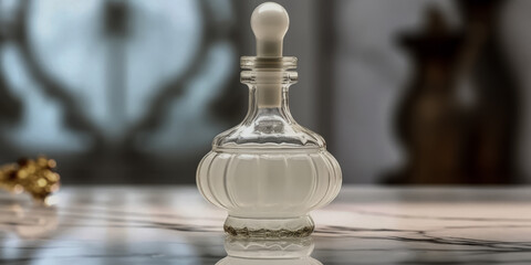 A white glass dropper bottle with a white lid was placed on a white surface - generative ai.