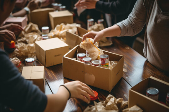 Unrecognizable group of people preparing care packages for the homeless or those in need showcasing kindness compassion and community outreach efforts,