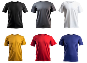 Collection of various blank men's t-shirt mockups, isolated on white background, transparency, colors Black, Grey, White, Mustard Yellow, Red, Blue, ai generated