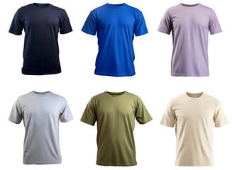 Collection of various blank men's t-shirt mockups, isolated on white background, transparency, colors Navy Blue, Royal Blue, Lilac, Light Grey, Olive Green, Cream, ai generated