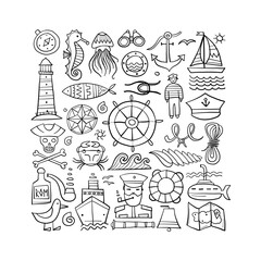 Fototapeta na wymiar Nautical icons of navigator, ship and captain, lighthouse and sailor. Art background. Outline style for your design