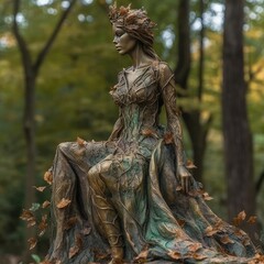 Exquisite copper statue with a beautiful girl stands in the middle of the forest