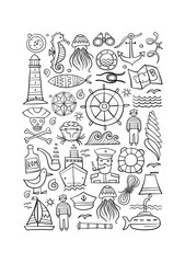 Nautical icons of navigator, ship and captain, lighthouse and sailor. Art background. Outline style for your design