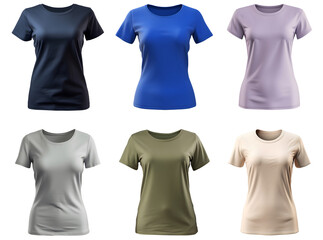 Collection of various blank women's t-shirt mockups, isolated on white background, transparency, colors Navy Blue, Royal Blue, Lilac, Light Grey, Olive Green, Cream, ai generated