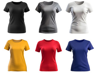 Collection of various blank women's t-shirt mockups, isolated on white background, transparency, colors Black, Grey, White, Mustard Yellow, Red, Blue, ai generated