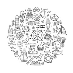 Nautical icons of navigator, ship and captain, lighthouse and sailor. Art background. Outline style for your design