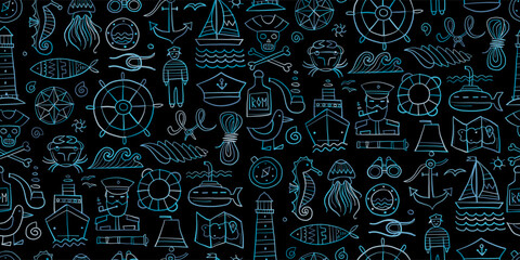 Nautical icons of navigator, ship and captain, lighthouse and sailor. Seamless pattern background for your design