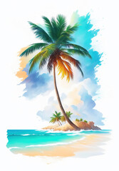 Obraz na płótnie Canvas Palm tree on a tropical island with beach and sea waves, flat sticker illustration isolated on white, generative Ai.
