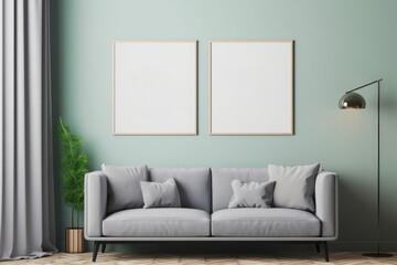 mockup of empty picture frames hanging on the wall of a modern living room, interior with features, modern furniture . Generative AI