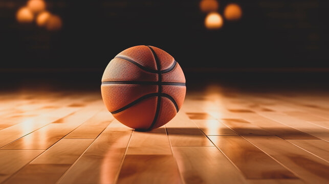 The basketball ball lies on the parquet in the middle of the arena. Generative Ai