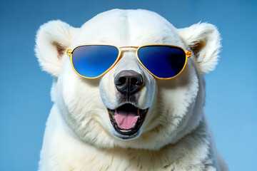 Portrait of polar bear wearing sunglasses close-up. The most dangerous animal of the Arctic region. generative ai. - 606794274