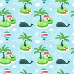 夏の海とクジラとヤシの木の背景パターン シームレスな水彩風景イラスト