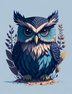 owl on branch with big eyes on  blue background