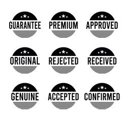 Stamp design set - premium quality, guaranteed, approved, sold out, postponed, confirmed, genuine, original.	