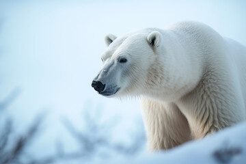 Fototapeta na wymiar White Bear In Winter On Snow Mountains, Generative Ai