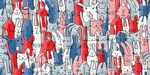Funny Bunnies family. Seamless pattern background with Rabbits. Symbol of 2023 chineese new year. Cute characters, childish style. Colors of flag of country - red white and blue. Vector illustration