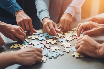 Unrecognizable group of people assembling a puzzle or solving a problem together representing teamwork critical thinking and problem-solving skills,