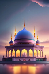 Fototapeta na wymiar Moslem Celebration Day Greeting Card. Vector vintage elegant design. A white mosque 3d illustration