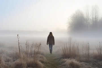 Woman walking alone in misty winter field rear view