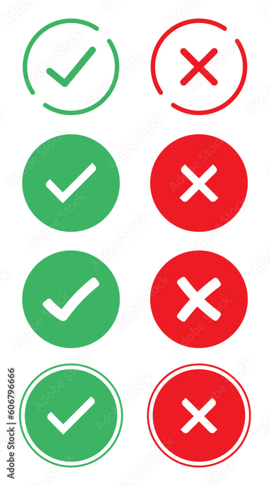 Poster Right and Wrong icon symbol set in different styles. checkmark and X mark icon. check and uncheck icon vector. validation icon vector. for apps and websites.