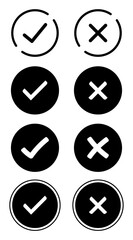 Check mark, Cross mark black icon set. Isolated checkmark symbol, right and wrong sign concept. Vector illustration. Right and Wrong icon symbol set in black. 