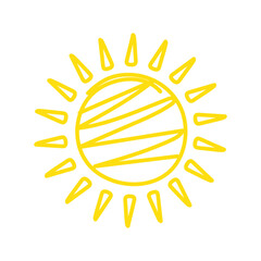 Hand Drawn Yellow Sun and Ray Icon Isolated on White Background. 