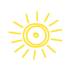 Hand Drawn Yellow Sun and Ray Icon Isolated on White Background. 