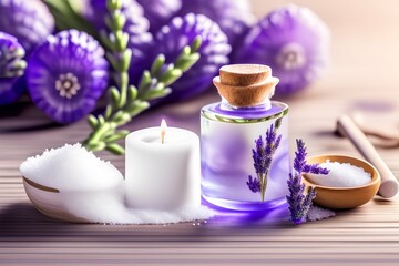 Obraz na płótnie Canvas Lavender flowers, sea salt, oil in bottle, aroma candle on wooden white background - generative ai 