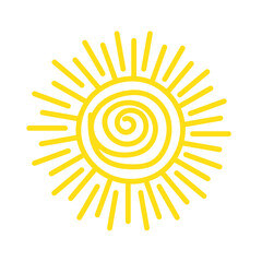 Hand Drawn Yellow Sun and Ray Icon Isolated on White Background. 