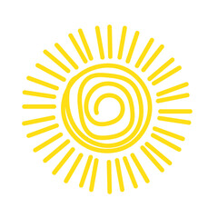 Hand Drawn Yellow Sun and Ray Icon Isolated on White Background. 