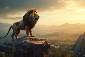 Lion on a rock in the background of wildlife, King of beasts at sunset. generated ai