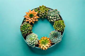 Top view green succulents frame on a pastel blue background with copy space, flat lay
